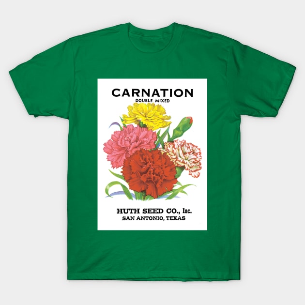 Vintage Carnation Huth Seed Packet T-Shirt by MasterpieceCafe